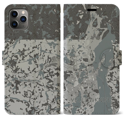 【イエローナイフ（カナダ）】地図柄iPhoneケース（手帳タイプ）モノトーン・iPhone 11 Pro Max 用