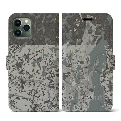 【イエローナイフ（カナダ）】地図柄iPhoneケース（手帳タイプ）モノトーン・iPhone 11 Pro 用