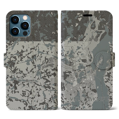 【イエローナイフ（カナダ）】地図柄iPhoneケース（手帳タイプ）モノトーン・iPhone 12 / 12 Pro 用