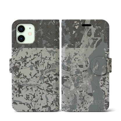 【イエローナイフ（カナダ）】地図柄iPhoneケース（手帳タイプ）モノトーン・iPhone 12 mini 用