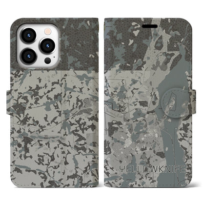 【イエローナイフ（カナダ）】地図柄iPhoneケース（手帳タイプ）モノトーン・iPhone 13 Pro 用