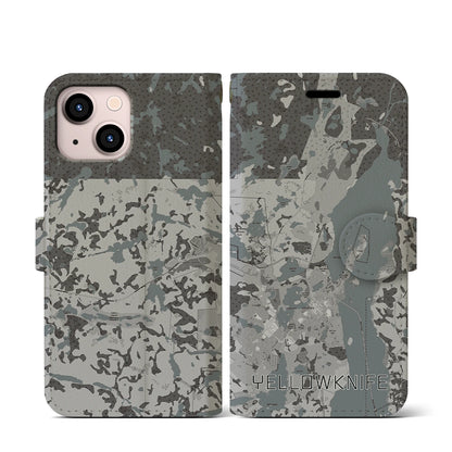 【イエローナイフ（カナダ）】地図柄iPhoneケース（手帳タイプ）モノトーン・iPhone 13 mini 用