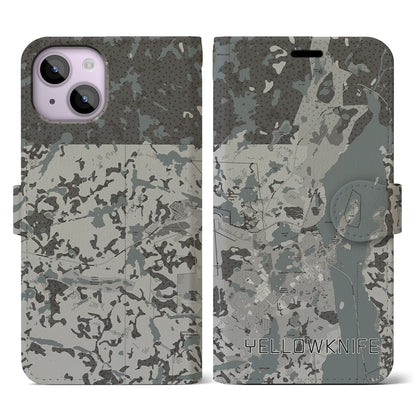 【イエローナイフ（カナダ）】地図柄iPhoneケース（手帳タイプ）モノトーン・iPhone 14 用