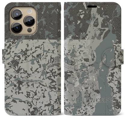 【イエローナイフ（カナダ）】地図柄iPhoneケース（手帳タイプ）モノトーン・iPhone 14 Pro Max 用