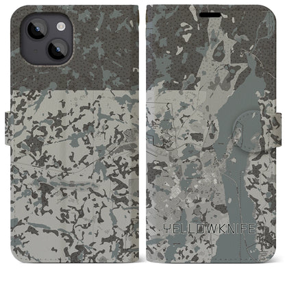 【イエローナイフ（カナダ）】地図柄iPhoneケース（手帳タイプ）モノトーン・iPhone 14 Plus 用