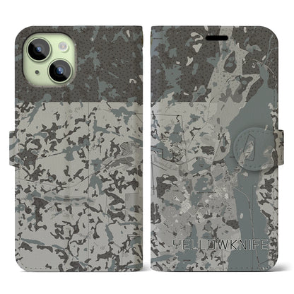 【イエローナイフ（カナダ）】地図柄iPhoneケース（手帳タイプ）モノトーン・iPhone 15 用