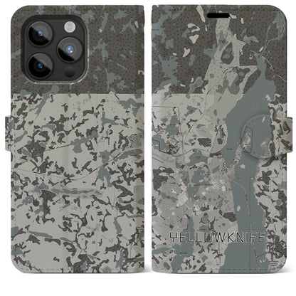 【イエローナイフ（カナダ）】地図柄iPhoneケース（手帳タイプ）モノトーン・iPhone 15 Pro Max 用