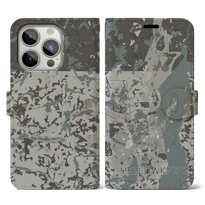 【イエローナイフ（カナダ）】地図柄iPhoneケース（手帳タイプ）モノトーン・iPhone 15 Pro 用