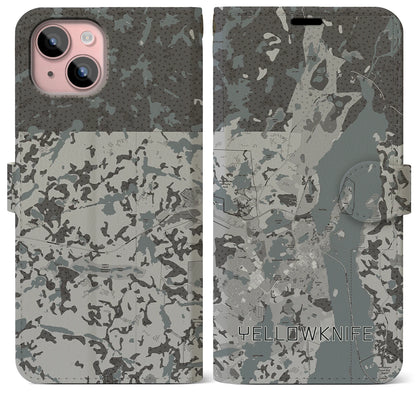 【イエローナイフ（カナダ）】地図柄iPhoneケース（手帳タイプ）モノトーン・iPhone 15 Plus 用
