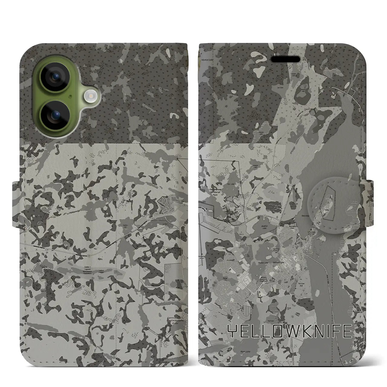 【イエローナイフ（カナダ）】地図柄iPhoneケース（手帳タイプ）