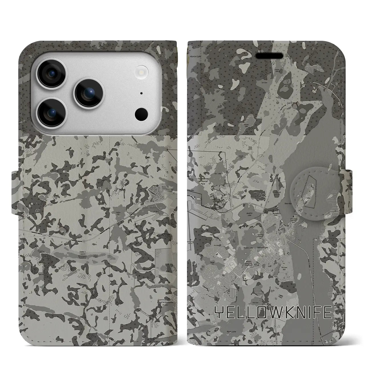 【イエローナイフ（カナダ）】地図柄iPhoneケース（手帳タイプ）