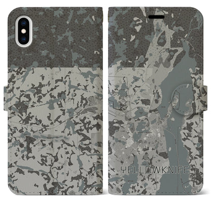 【イエローナイフ（カナダ）】地図柄iPhoneケース（手帳タイプ）モノトーン・iPhone XS Max 用