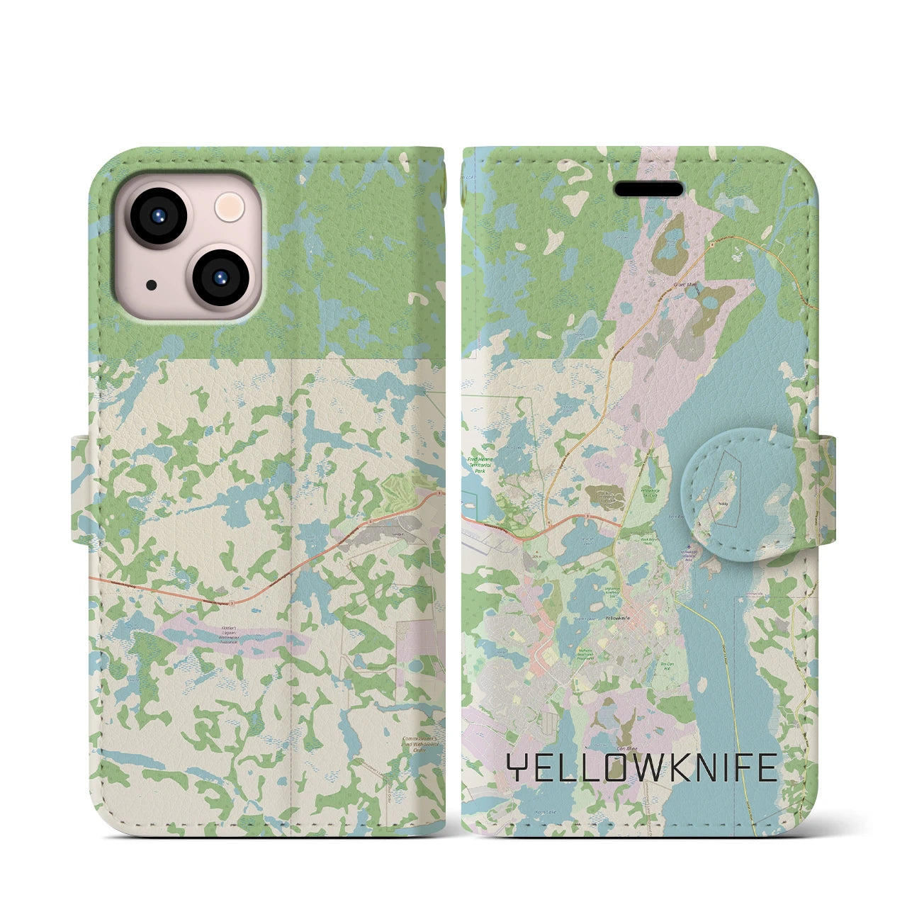 【イエローナイフ（カナダ）】地図柄iPhoneケース（手帳タイプ）