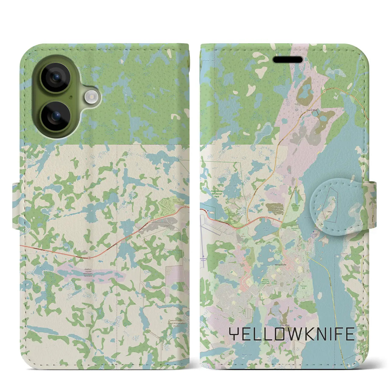 【イエローナイフ（カナダ）】地図柄iPhoneケース（手帳タイプ）