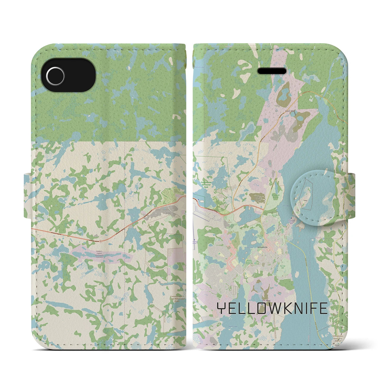 【イエローナイフ（カナダ）】地図柄iPhoneケース（手帳タイプ）