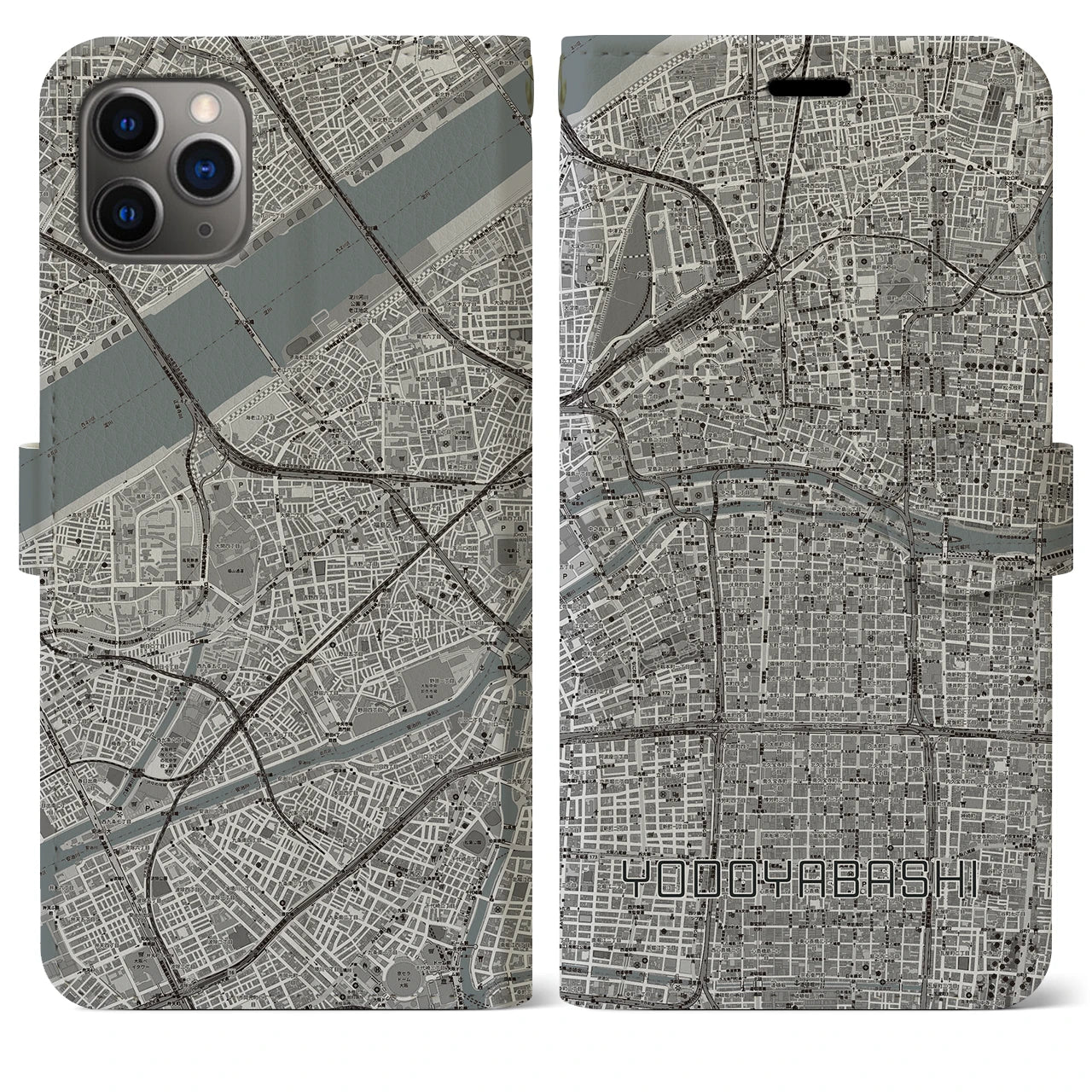 【淀屋橋】地図柄iPhoneケース（手帳両面タイプ・モノトーン）iPhone 11 Pro Max 用
