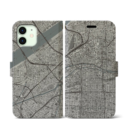 【淀屋橋（大阪府）】地図柄iPhoneケース（手帳タイプ）モノトーン・iPhone 12 mini 用