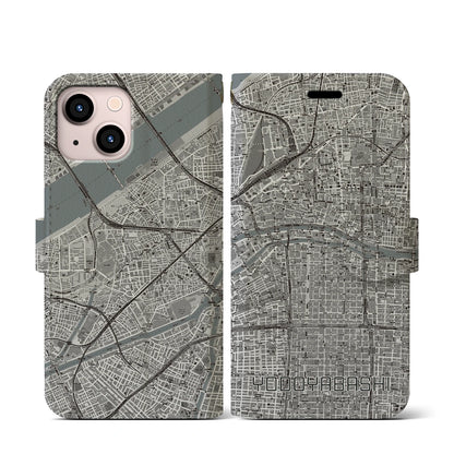 【淀屋橋（大阪府）】地図柄iPhoneケース（手帳タイプ）モノトーン・iPhone 13 mini 用