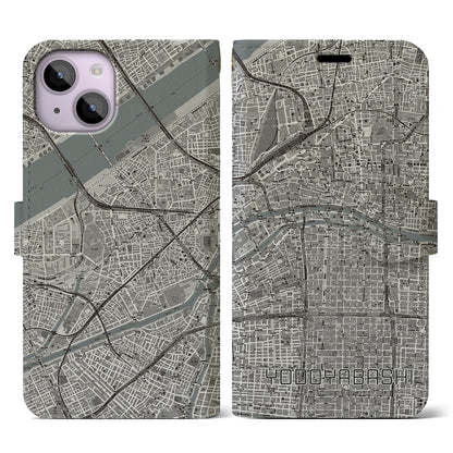 【淀屋橋（大阪府）】地図柄iPhoneケース（手帳タイプ）モノトーン・iPhone 14 用