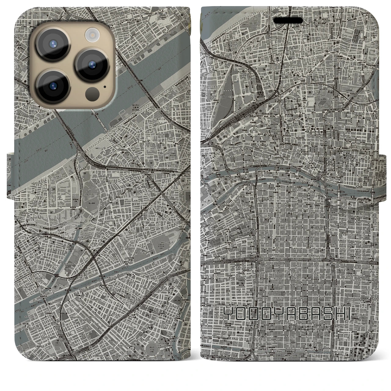 【淀屋橋】地図柄iPhoneケース（手帳両面タイプ・モノトーン）iPhone 14 Pro Max 用