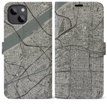 【淀屋橋（大阪府）】地図柄iPhoneケース（手帳タイプ）モノトーン・iPhone 14 Plus 用