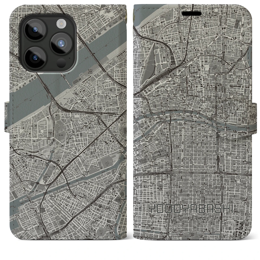 【淀屋橋】地図柄iPhoneケース（手帳両面タイプ・モノトーン）iPhone 15 Pro Max 用
