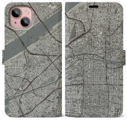 【淀屋橋（大阪府）】地図柄iPhoneケース（手帳タイプ）モノトーン・iPhone 15 Plus 用