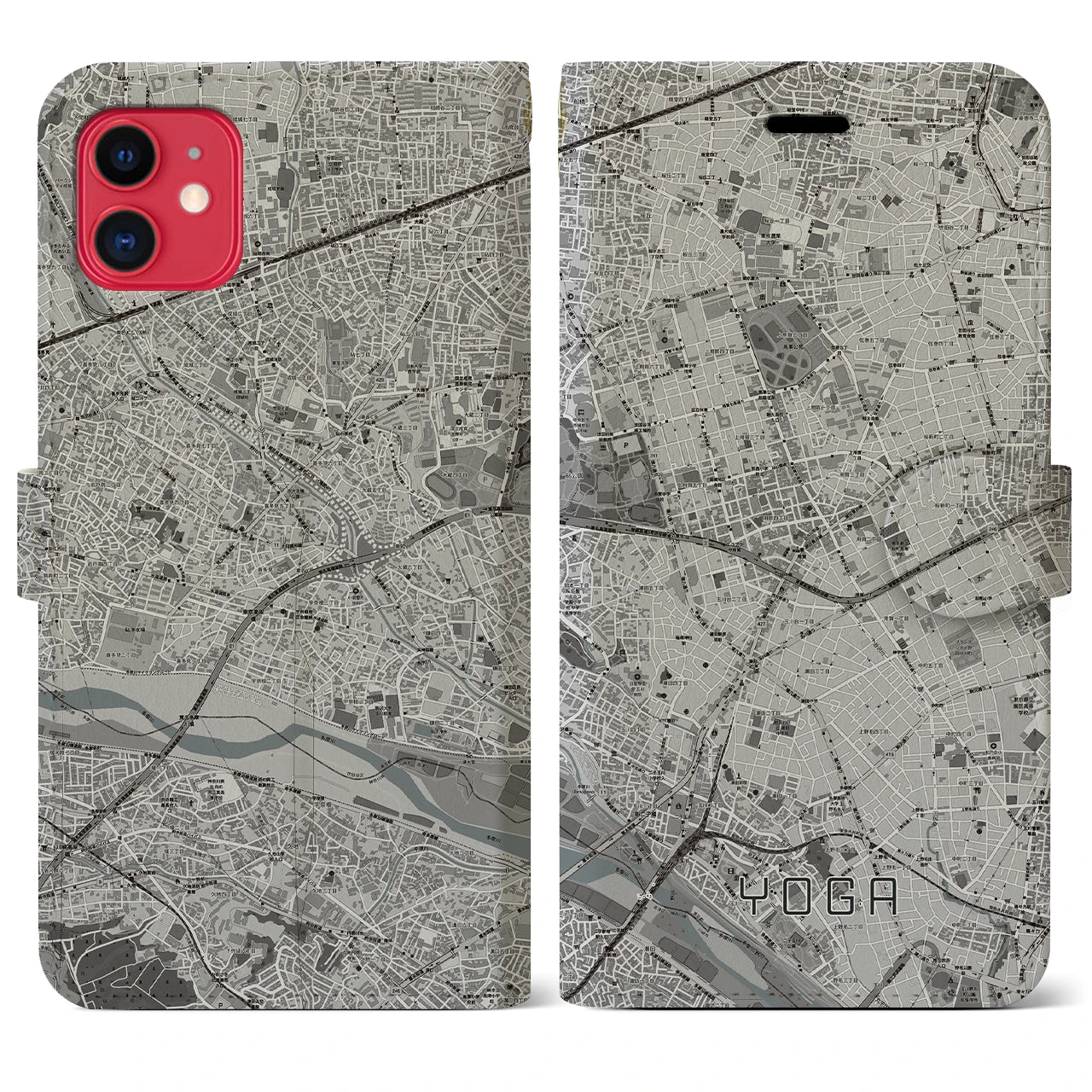 【用賀】地図柄iPhoneケース（手帳両面タイプ・モノトーン）iPhone 11 用