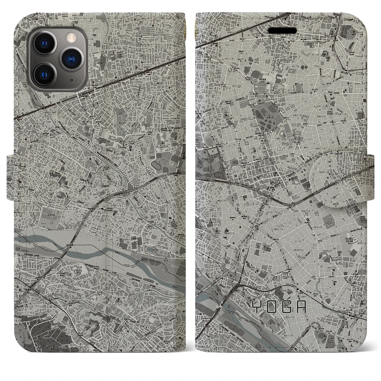 【用賀】地図柄iPhoneケース（手帳両面タイプ・モノトーン）iPhone 11 Pro Max 用