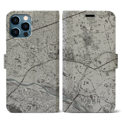 【用賀（東京都）】地図柄iPhoneケース（手帳タイプ）モノトーン・iPhone 12 / 12 Pro 用