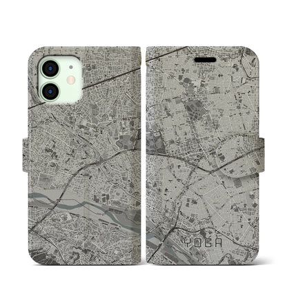 【用賀（東京都）】地図柄iPhoneケース（手帳タイプ）モノトーン・iPhone 12 mini 用