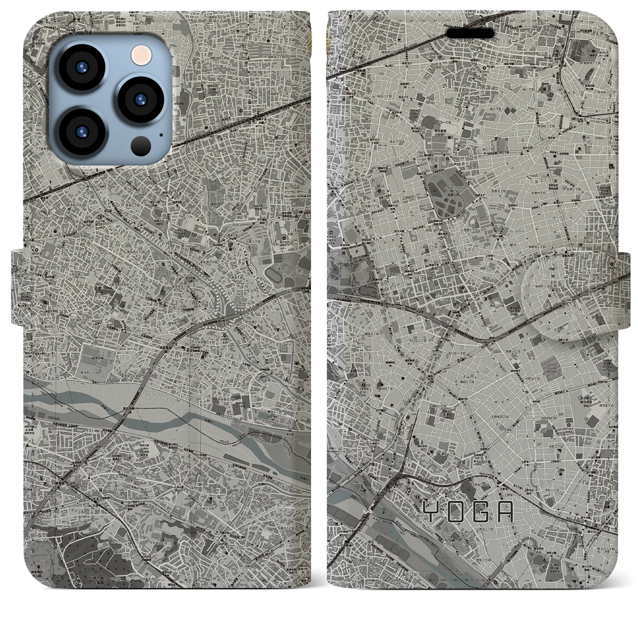 【用賀】地図柄iPhoneケース（手帳両面タイプ・モノトーン）iPhone 13 Pro Max 用
