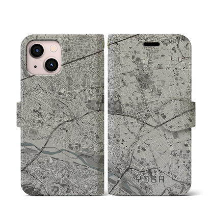 【用賀（東京都）】地図柄iPhoneケース（手帳タイプ）モノトーン・iPhone 13 mini 用