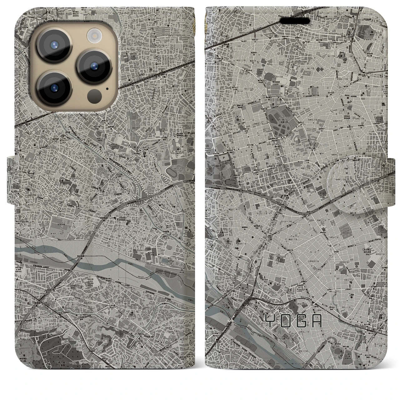 【用賀】地図柄iPhoneケース（手帳両面タイプ・モノトーン）iPhone 14 Pro Max 用