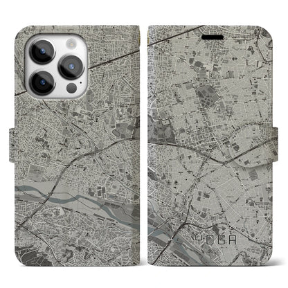 【用賀（東京都）】地図柄iPhoneケース（手帳タイプ）モノトーン・iPhone 14 Pro 用