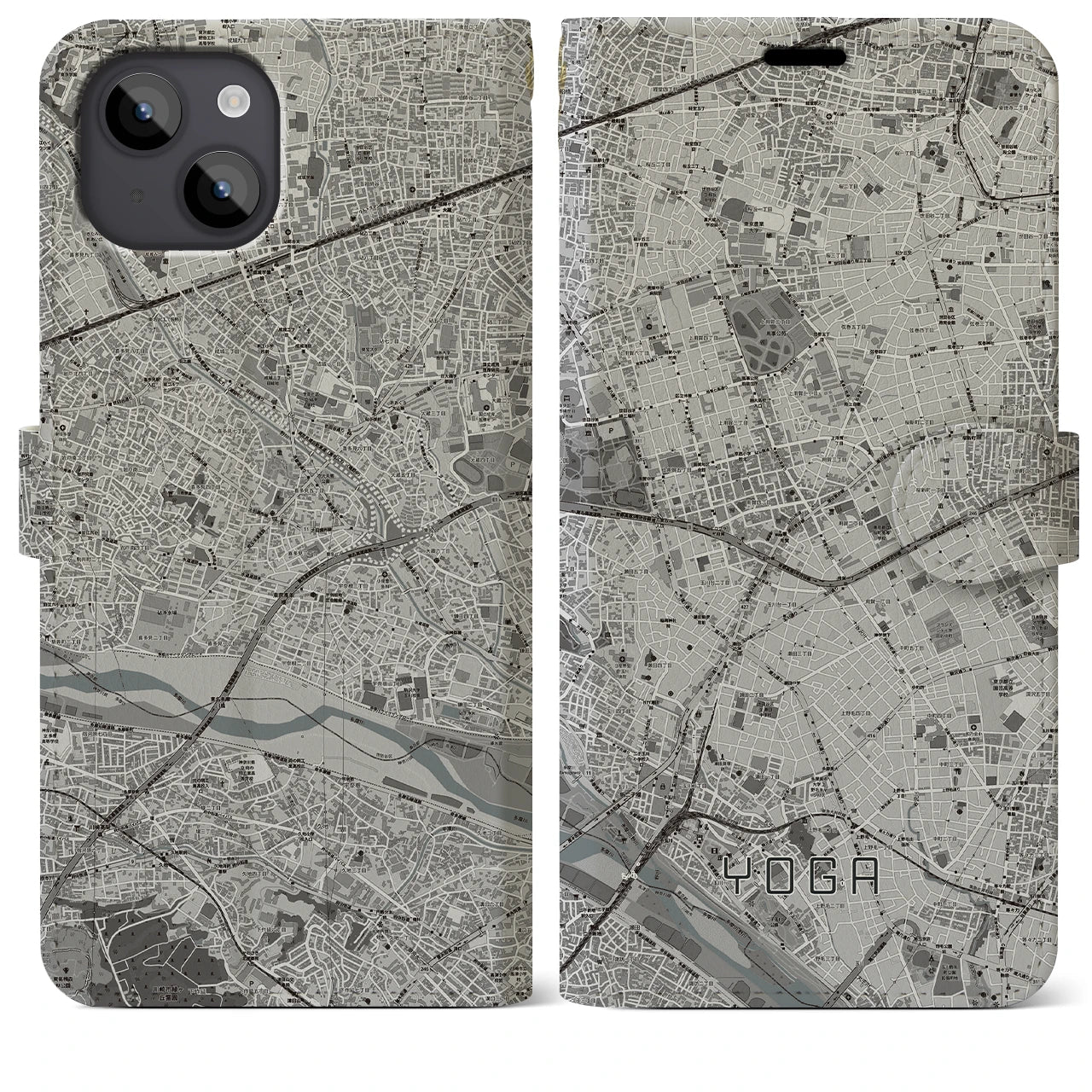 【用賀】地図柄iPhoneケース（手帳両面タイプ・モノトーン）iPhone 14 Plus 用