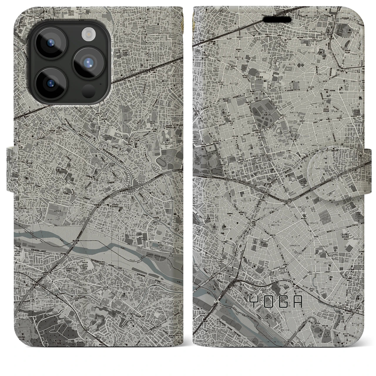 【用賀】地図柄iPhoneケース（手帳両面タイプ・モノトーン）iPhone 15 Pro Max 用