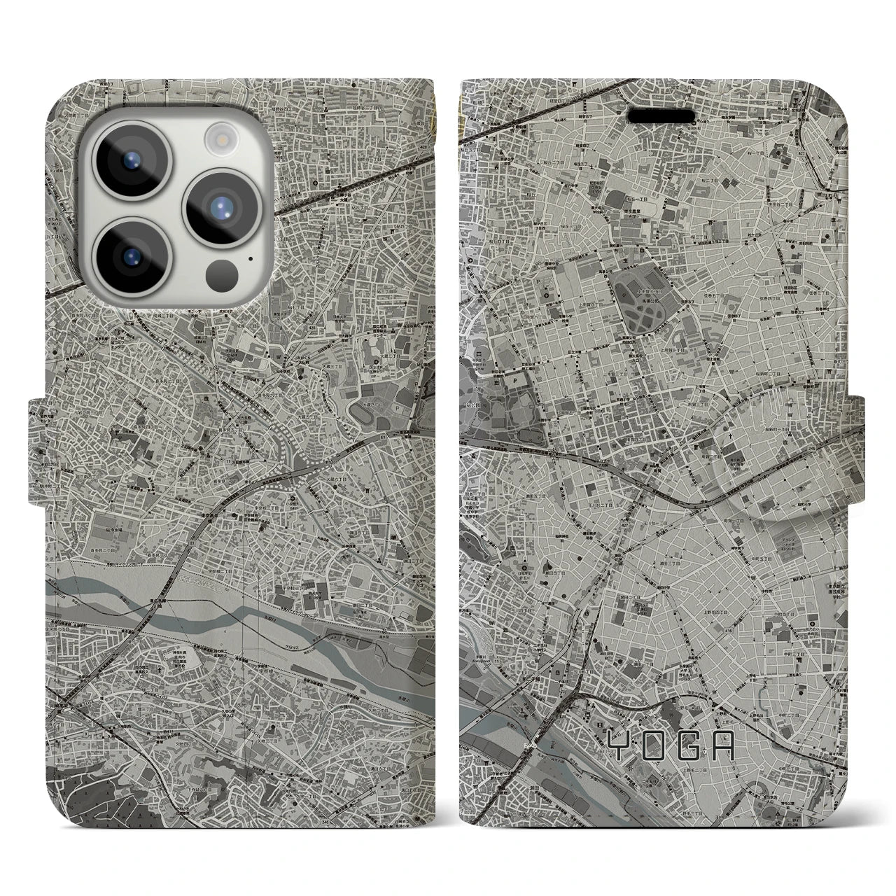 【用賀】地図柄iPhoneケース（手帳両面タイプ・モノトーン）iPhone 15 Pro 用