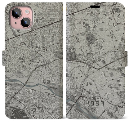 【用賀（東京都）】地図柄iPhoneケース（手帳タイプ）モノトーン・iPhone 15 Plus 用