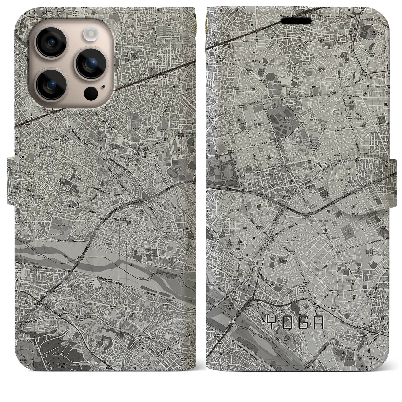 【用賀（東京都）】地図柄iPhoneケース（手帳タイプ）モノトーン・iPhone 16 Plus 用