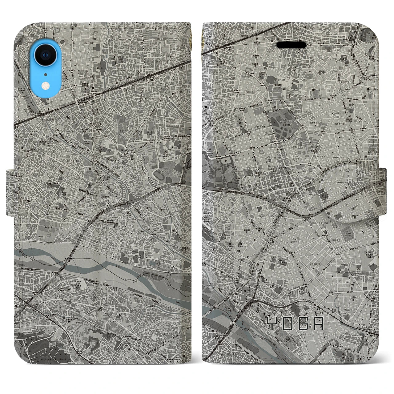 【用賀】地図柄iPhoneケース（手帳両面タイプ・モノトーン）iPhone XR 用