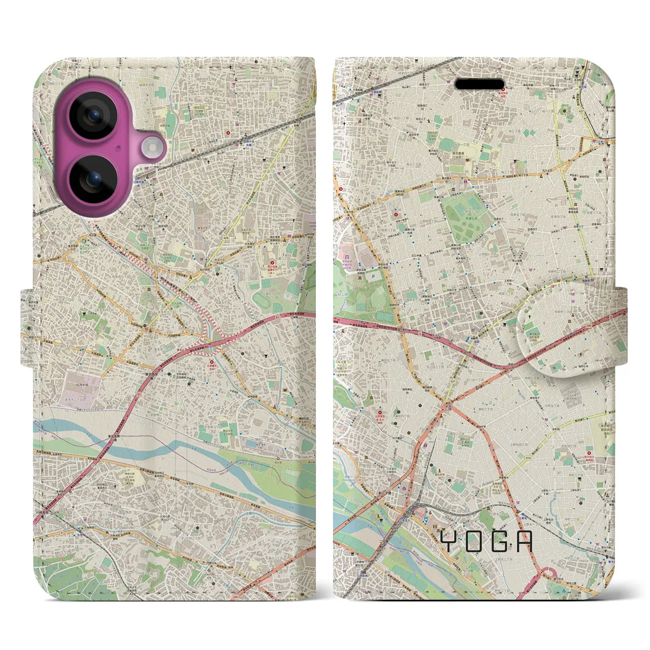 【用賀（東京都）】地図柄iPhoneケース（手帳タイプ）ナチュラル・iPhone 16 Pro 用