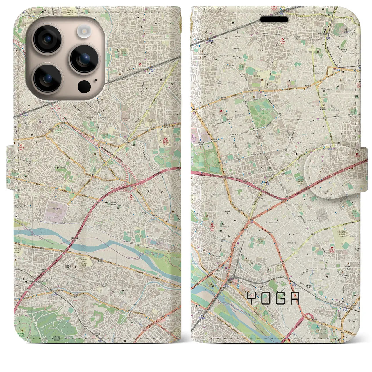 【用賀（東京都）】地図柄iPhoneケース（手帳タイプ）ナチュラル・iPhone 16 Plus 用