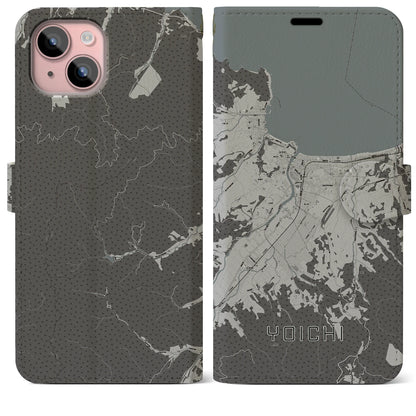 【余市（北海道）】地図柄iPhoneケース（手帳タイプ）モノトーン・iPhone 15 Plus 用