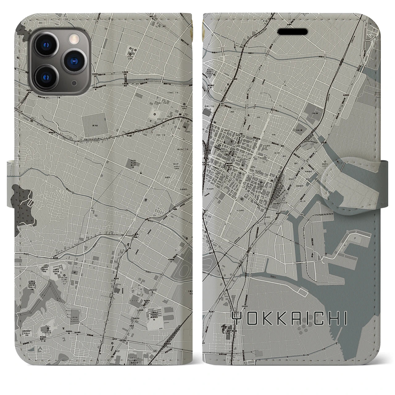 【四日市】地図柄iPhoneケース（手帳両面タイプ・モノトーン）iPhone 11 Pro Max 用