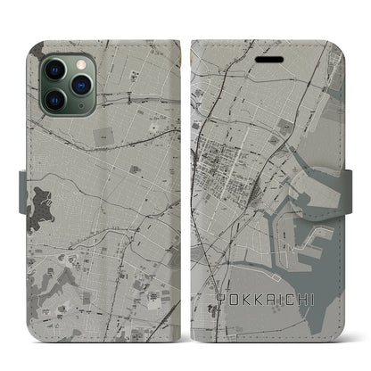 【四日市（三重県）】地図柄iPhoneケース（手帳タイプ）モノトーン・iPhone 11 Pro 用