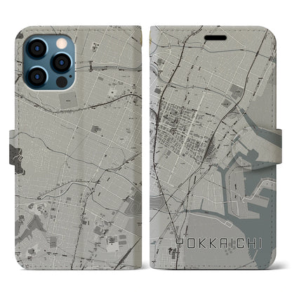 【四日市（三重県）】地図柄iPhoneケース（手帳タイプ）モノトーン・iPhone 12 / 12 Pro 用