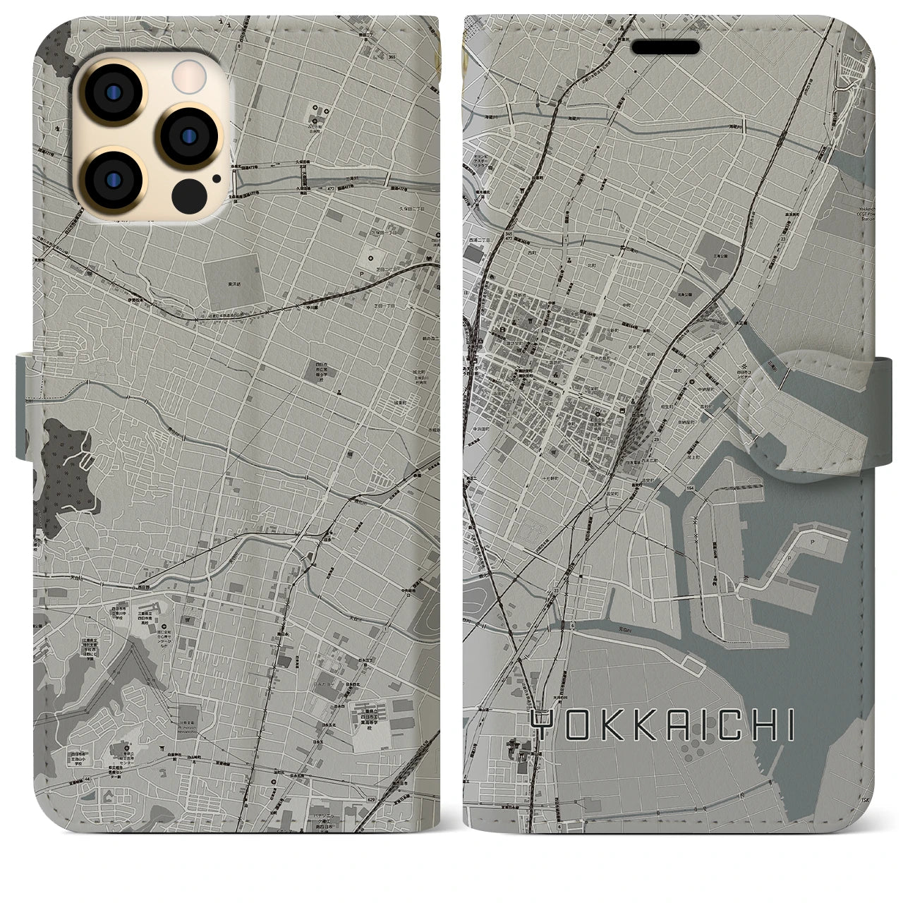 【四日市】地図柄iPhoneケース（手帳両面タイプ・モノトーン）iPhone 12 Pro Max 用