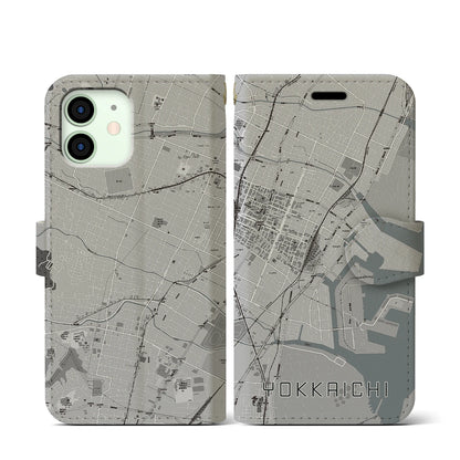 【四日市（三重県）】地図柄iPhoneケース（手帳タイプ）モノトーン・iPhone 12 mini 用