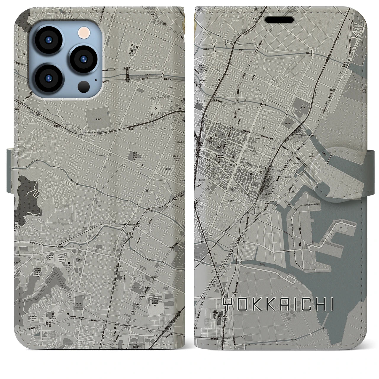 【四日市】地図柄iPhoneケース（手帳両面タイプ・モノトーン）iPhone 13 Pro Max 用